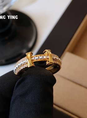 真金电镀锆石字母开口戒指小众轻奢高级感简约百搭指环手饰女