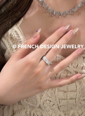 超闪法式轻奢布契风拉丝锆石戒指S925纯银菱格镶钻戒指气质优雅款