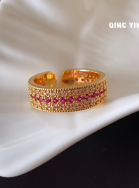 老钱风时尚轻奢微镶满钻宽边开口可调节戒指女气质高级感手饰指环