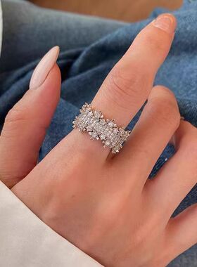 轻奢满天星闪钻锆石可调节银色戒指女新款小众设计感精致食指戒环