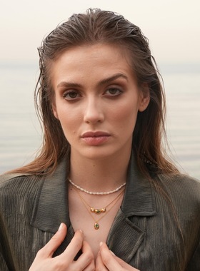 高级轻奢铜镀18k真金镶嵌绿宝石珍珠吊坠锁骨链个性时尚简约项链