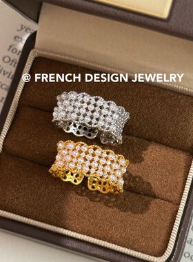 法式优雅轻奢精致手饰品S925纯银 珍珠蕾丝花边戒指复古宫廷设计