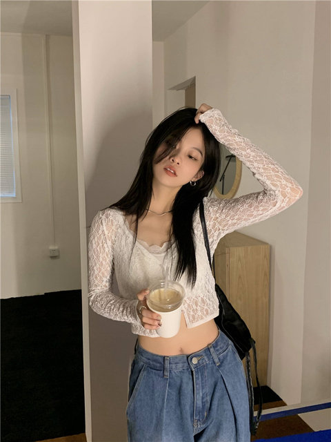 ເສື້ອຍືດ y2k ແບບ inner bottoming short top cardigan sun protection slimming sexy see-through hollow original