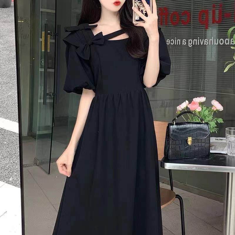 HZA法式赫风胖泡泡袖连衣裙夏女季大码妹妹收腰显瘦黑色减龄长本