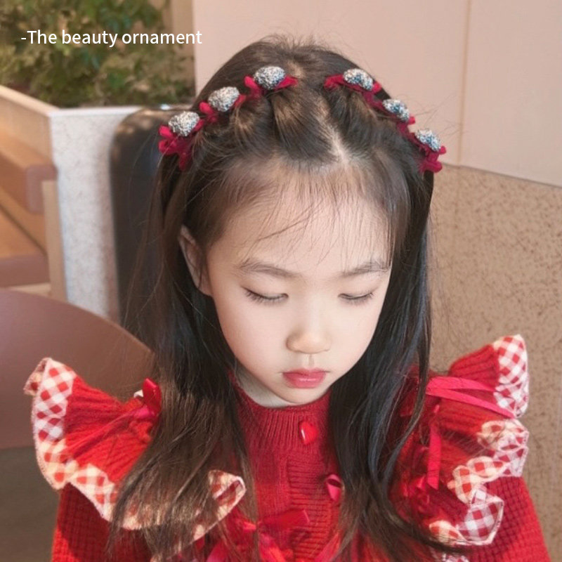 新年儿童碎发整理神器秋冬红色植绒爱心编发发夹女侧边刘海一字夹