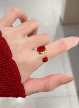红色几何方糖开口戒指女小众设计可调节指环甜美食指戒新年手饰品