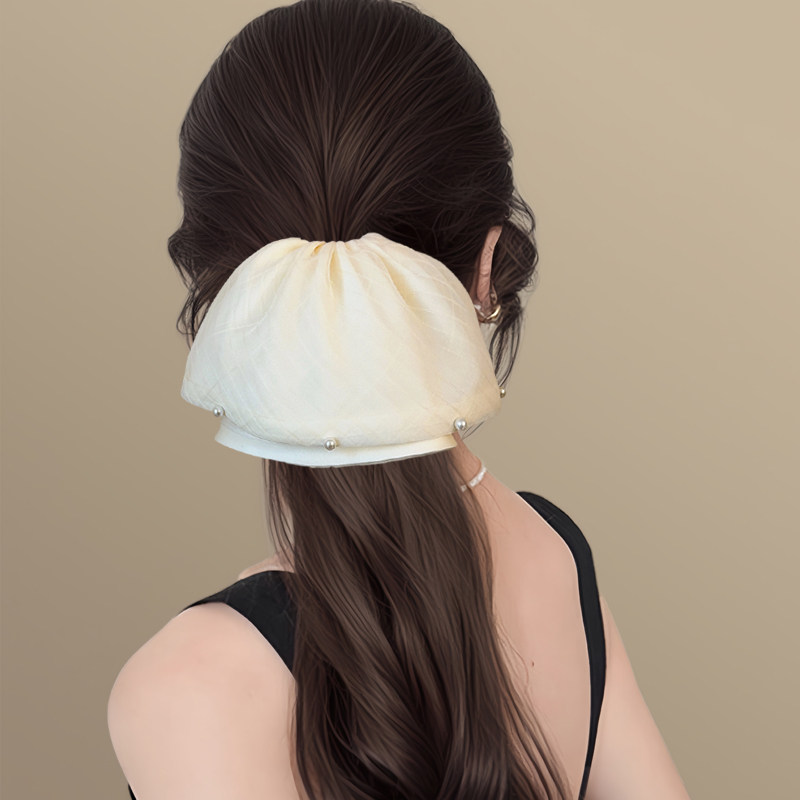 洁白无瑕！白色缎面网纱裙摆马尾夹女！新款高级感珍珠百搭盘发器,淘宝优惠券,粉丝福利购,淘宝优惠卷