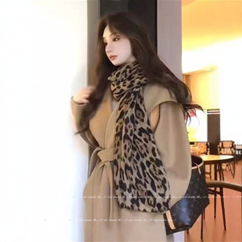 咖色豹纹围巾冬搭配风衣长条丝巾高级感飘带领巾大衣颈饰2025新款 - 图3