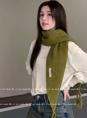 绿色针织流苏三角巾披肩女外搭