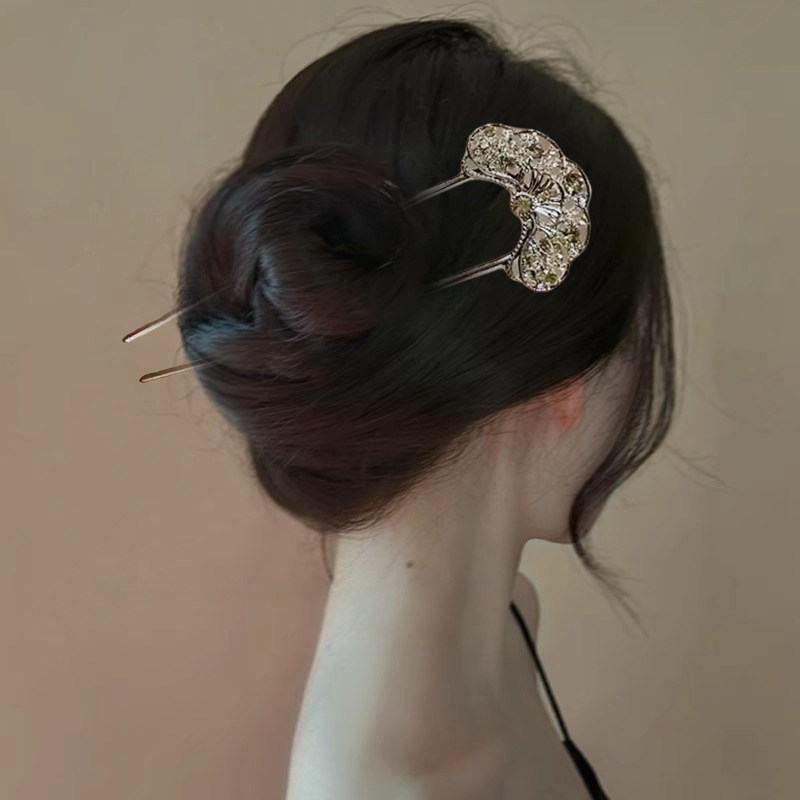 贝影银簪！古风U型水钻发簪！新款新中式简约个性盘发发钗女拎环,淘宝优惠券,粉丝福利购,淘宝优惠卷