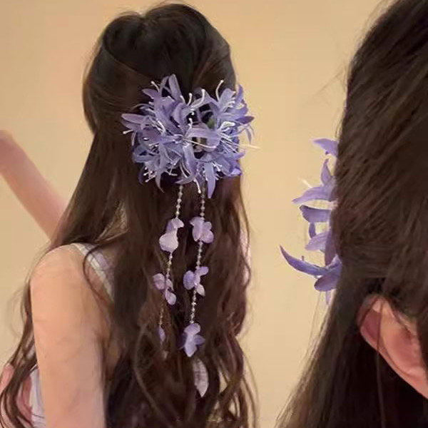 柔雾雨露！紫色彼岸花流苏抓夹！超仙花朵鲨鱼夹氛围感发抓盘发器,淘宝优惠券,粉丝福利购,淘宝优惠卷