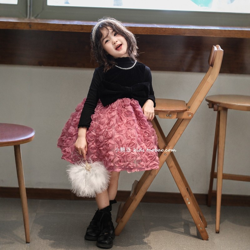 女童加绒玫瑰花网纱连衣裙2025秋冬新款女孩赫本背心裙生日公主裙,淘宝优惠券,粉丝福利购,淘宝优惠卷