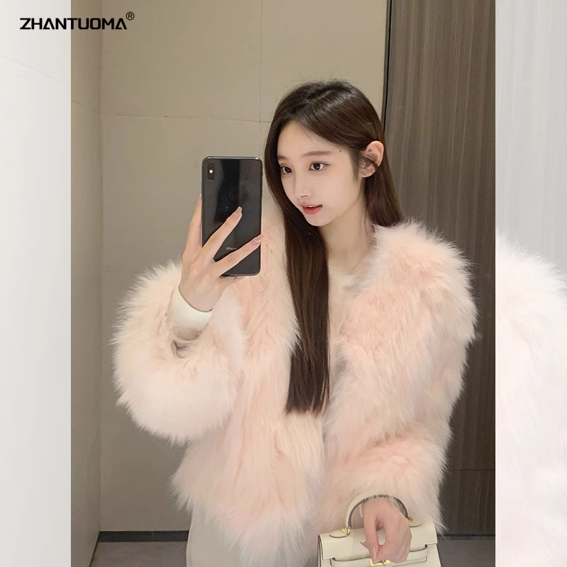 长袖外套女粉红色仿狐狸毛环保皮草冬季2024短款皮毛一体毛毛大衣