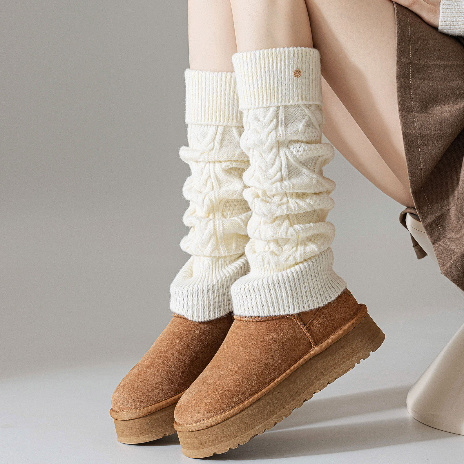 白色针织袜套女秋冬季中筒袜雪地靴堆堆袜加厚保暖小腿袜脚套瘦腿,淘宝优惠券,粉丝福利购,淘宝优惠卷