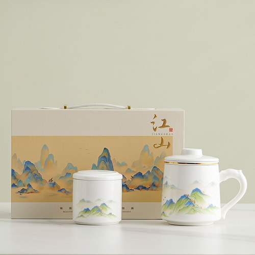陶瓷茶水分离办公杯带盖家用泡茶中式轻奢马克杯教师节国庆礼盒装 - 图1