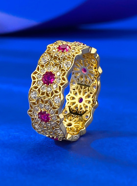 新款S925银精致红钻镂空花纹排戒金色复古中式