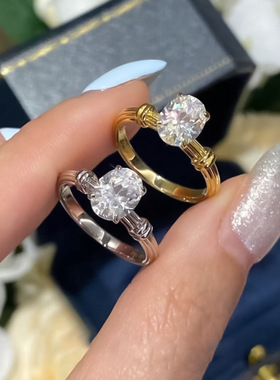 S925银镀金色椭圆6*8mm单钻戒指女简约唯美星芒女戒指