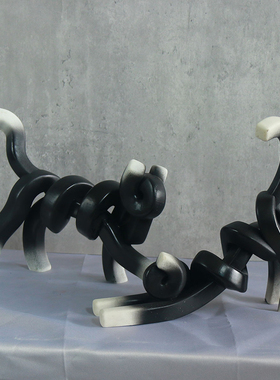 白色藤条猫摆件样板房装饰品砂岩