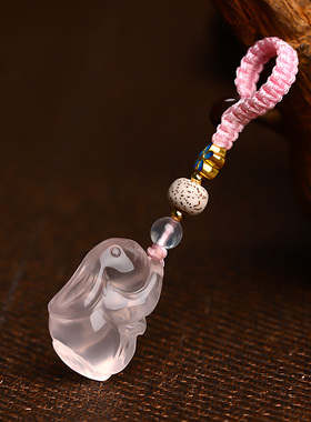 天然粉水晶小兔子钥匙扣精致女