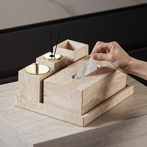 天然大理石黄洞石侘寂中古风卫生间置物架洗漱卫浴五件套摆件托盘 - 图1