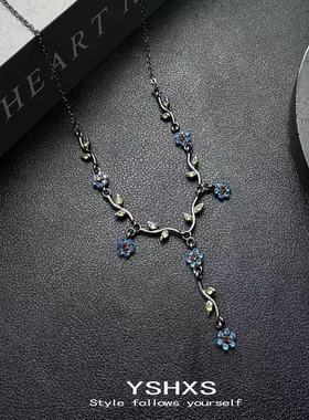 春夏氛围中古蓝色小花项链新款爆款简约森系锁骨链古着复古颈链