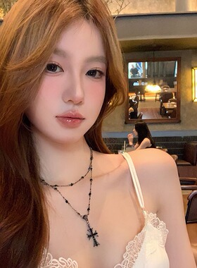 【蜜桃茶】涩谷小恶魔 暗黑十字架项链女款双层叠戴锁骨颈链配饰