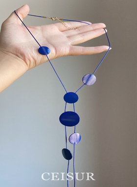 蓝调时刻~超显白克莱因蓝色不规则圆片项链度假小众设计颈链百搭