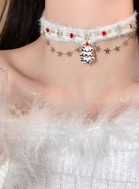 圣诞氛围感珍珠流苏雪花项链女轻奢毛绒choker锁骨链气质百搭颈链