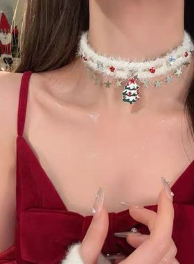 choker雪花圣诞节星星毛绒流苏项链双层秋冬颈链新款圣诞树锁骨链