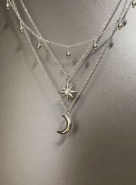 Vintage古着 Silver light hanging night欧美风月亮星星吊坠项链