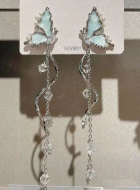 灵动高级冷淡风耳环奶油蓝蝴蝶流苏耳饰女小众设计银耳钉长款