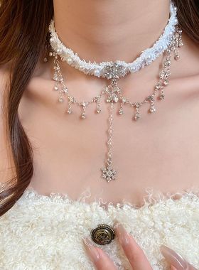 镶钻雪花流苏珍珠颈链圣诞节甜酷风小众锁骨链轻奢气质百搭项链女