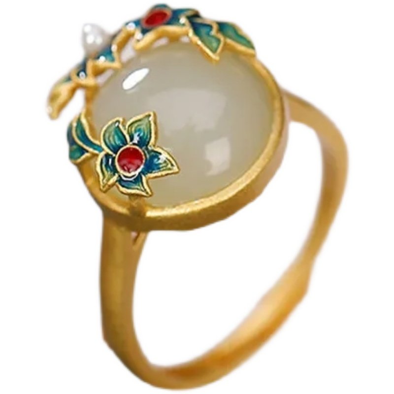 Cloisonné and Tian Jade Retro Palace Style Pearl Ring