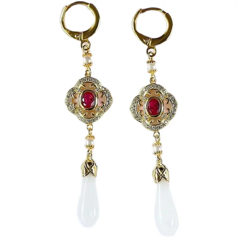 Earrings white jade, orchid, 925 sample silver, with gem