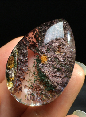 天然水晶四季彩幽灵吊坠水滴无事牌椭圆形发晶彩虹情侣款挂饰