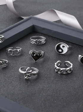 欧美新款复古戒指黑色爱心数字8翅膀蝴蝶链条蛇形9件套装戒指批发