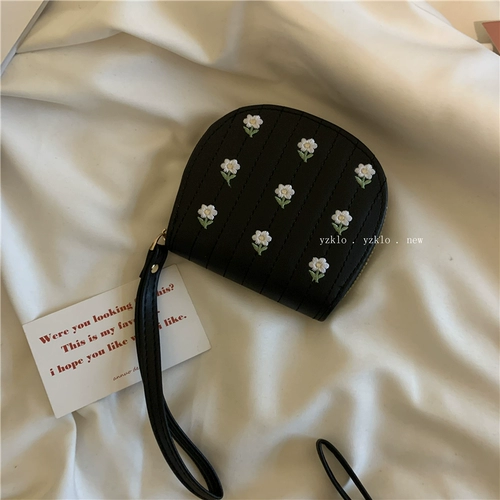 Черный ретро изысканный бумажник в форме цветка, милый короткий картхолдер с молнией, кошелек, сумка через плечо, с вышивкой