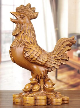 速发实木雕雄鸡礼件报喜木质生客福鸡肖厅玄关柜手工艺品乔迁摆品
