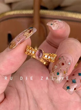 韵味紫色蕾丝古法戒指女复古高级小众轻奢可调节开口戒