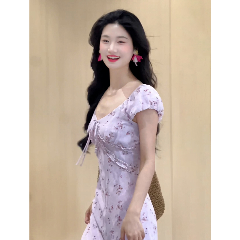 2025新款茶歇气质法式紫色碎花连衣裙子女装夏季绝美漂亮修身长裙