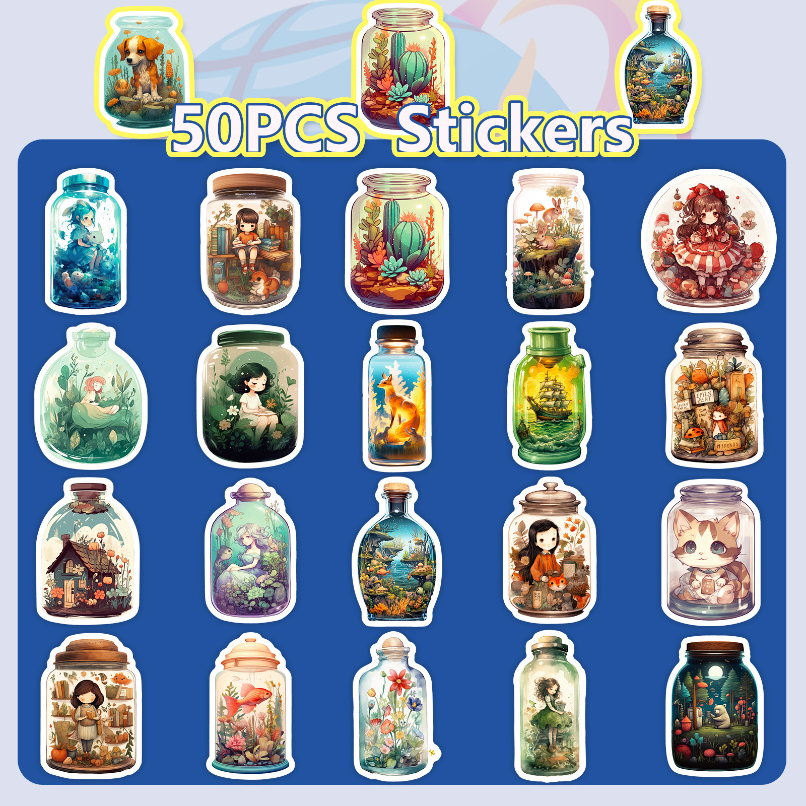 50张梦幻瓶瓶有奇创意瓶中万物造梦心愿瓶漂流瓶贴手账素材贴画 - 图0