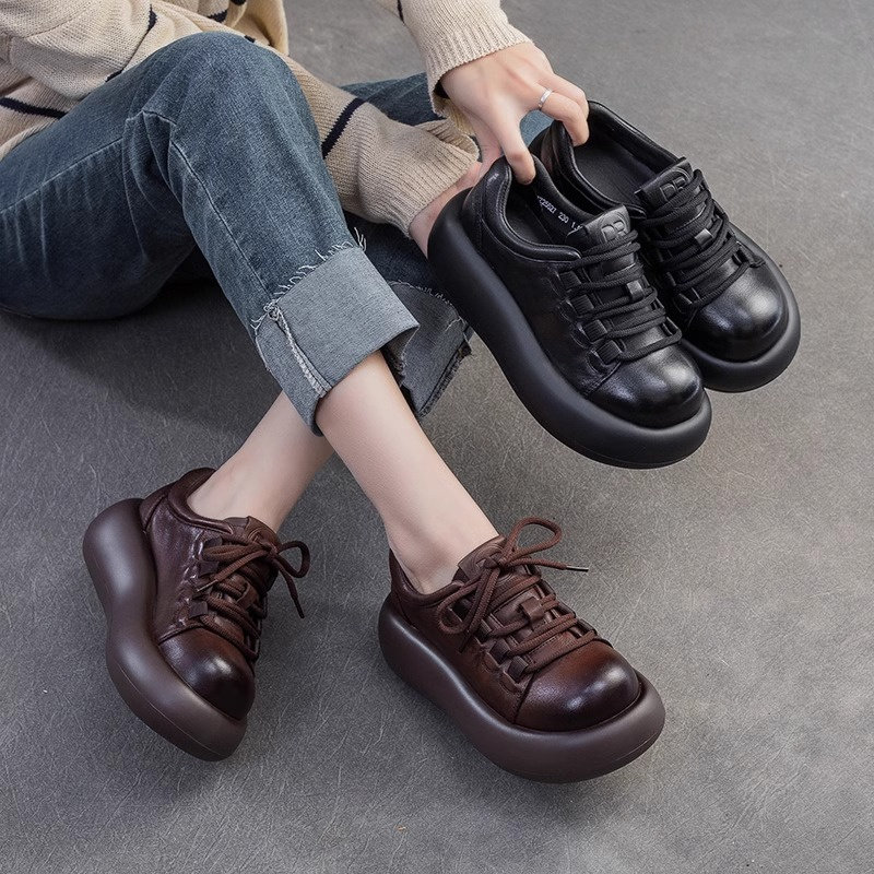 小个子松糕厚底复古休闲单鞋女2025春季新款系带丑萌圆头深口皮鞋,淘宝优惠券,粉丝福利购,淘宝优惠卷