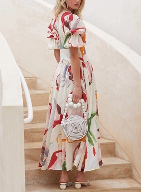 2021Women's newfashion chiffon print dress白色大摆沙滩连衣裙