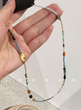韩系手工天然石拼色项链女复古氛围感细链条小众百搭叠戴毛衣项链