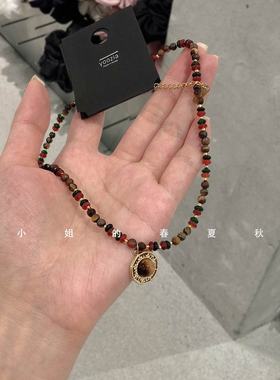 古珠星盘 手工天然石串珠项链复古新中式吊坠小众金色圆圈锁骨链