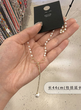 韩国饰品小众设计ins风甜美镶钻锁骨链细款颈链珍珠蝴蝶结项链