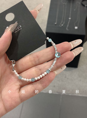 韩国饰品2024新款手环ins风百搭夏季简约轻奢可调节蓝色手链