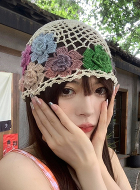彩色花朵包头帽女优雅镂空套头帽