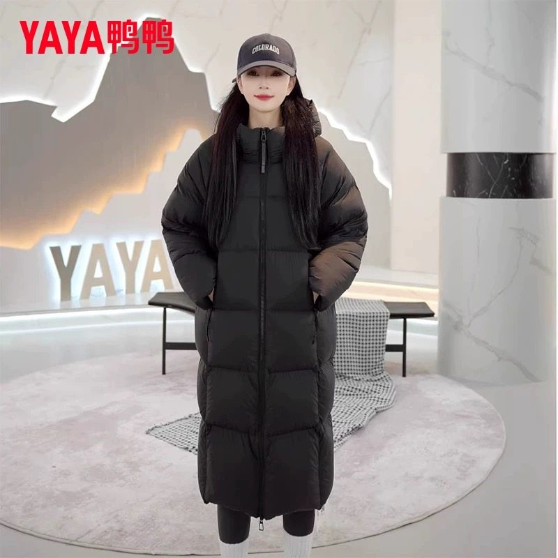 鸭鸭长款泡芙羽绒服女2025冬季新款时尚休闲连帽加厚鸭绒保暖外套