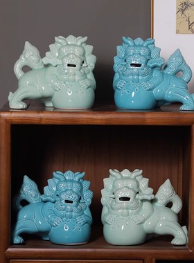 青花瓷招财麒麟摆件酒店家居客厅玄关装饰品工艺品开业乔迁礼